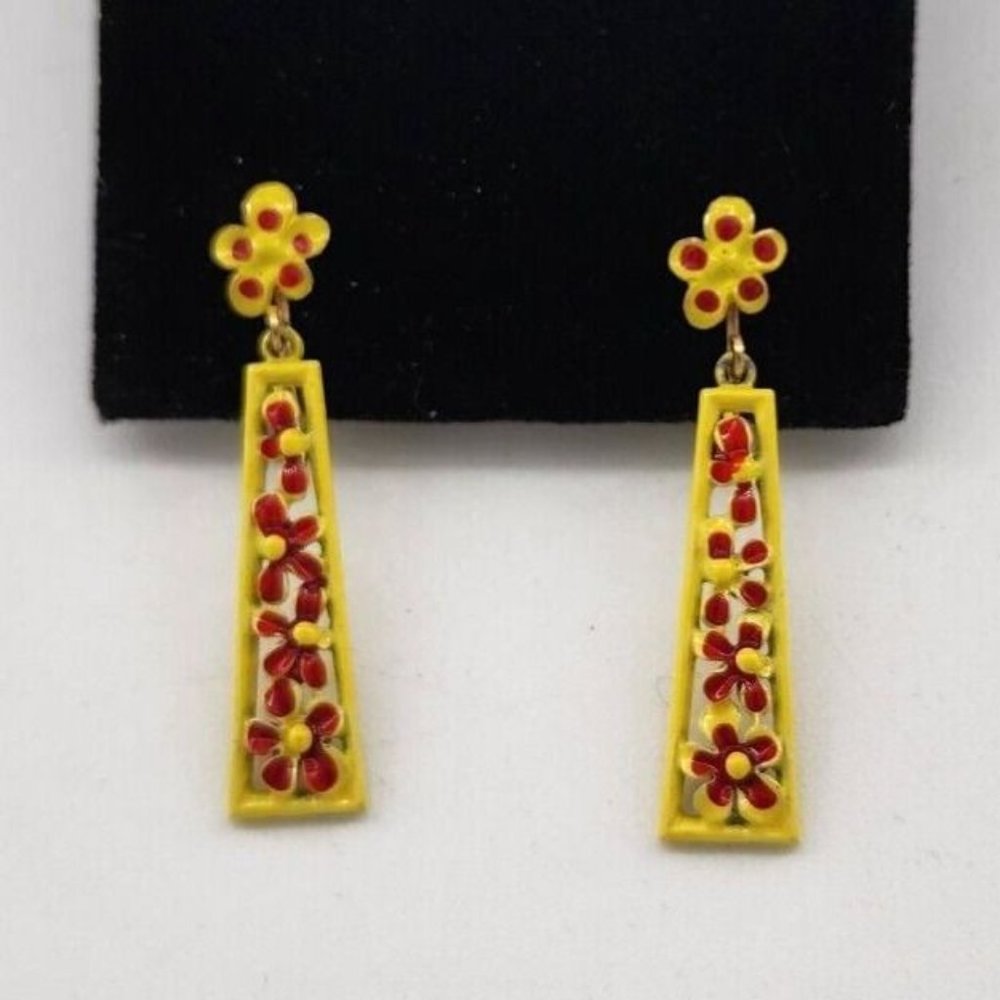 Vtg Hedison Hedy Retro Clip On Drop Dangle Bar Earrings Yellow/Red Enamel Floral